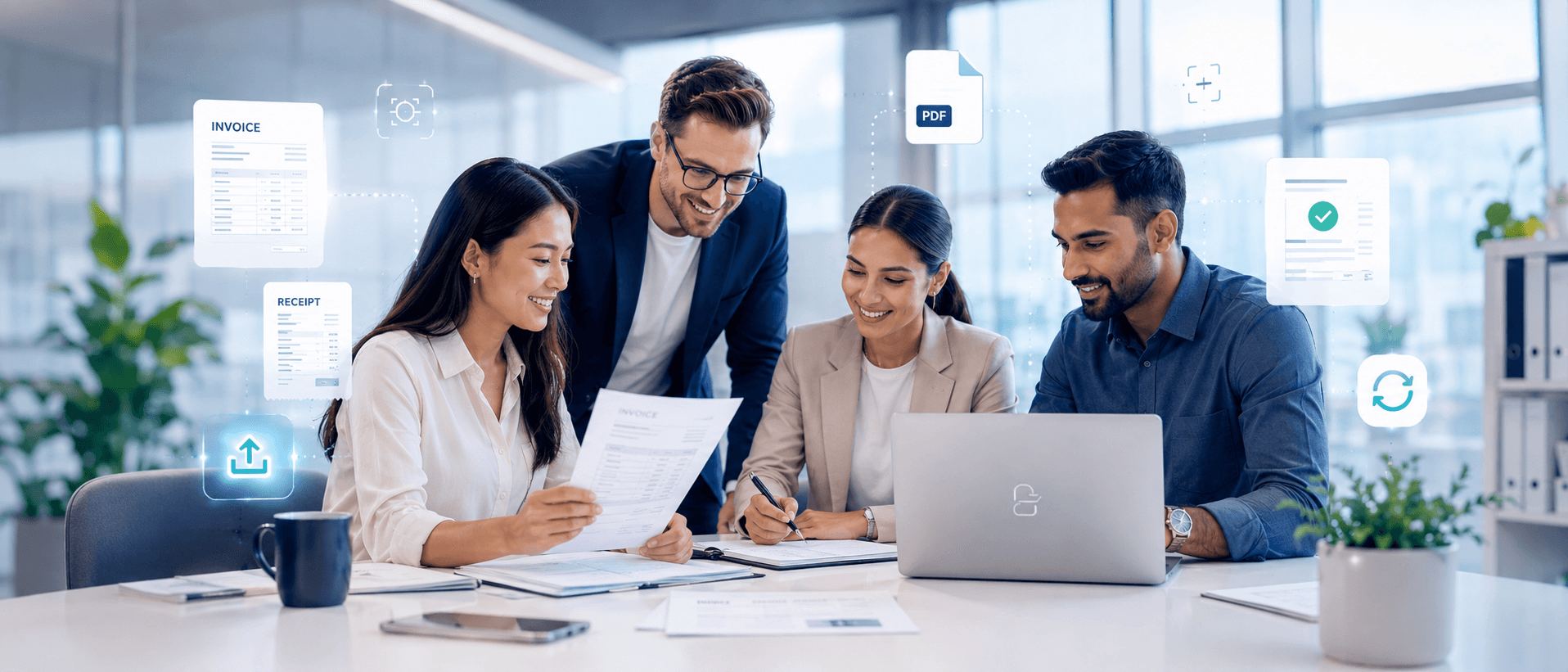 Accounting team reviewing invoices and receipts with AI document workflow overlays