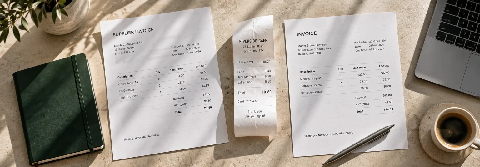 Supplier invoices and a receipt on a sunlit stone desk