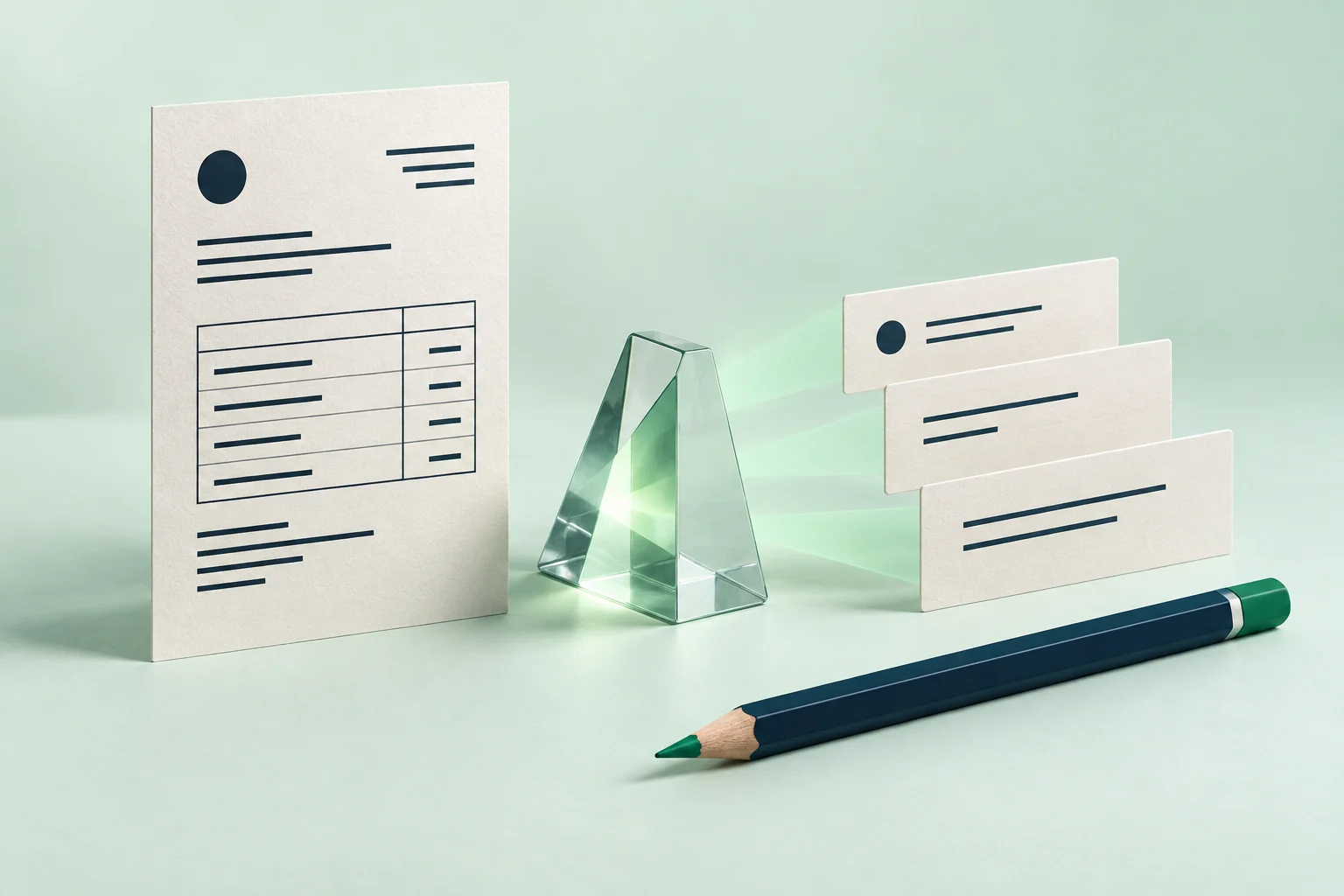 Editorial illustration of a supplier document passing through a translucent mint prism into organized field cards, with a navy pencil representing human review.
