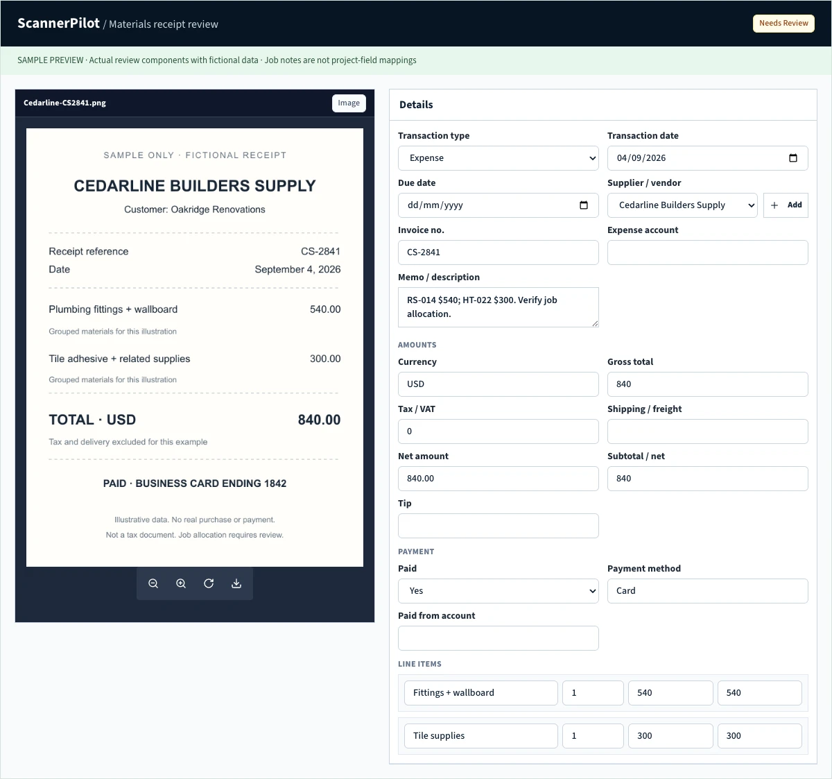 Actual ScannerPilot receipt-review components with fictional Cedarline receipt CS-2841 for Oakridge Renovations: $840, an Expense draft, two sample line items, and a memo naming RS-014 and HT-022.