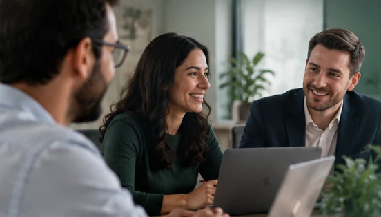 Illustrative client conversation over a laptop in a contemporary office