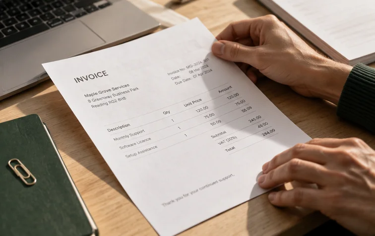 A supplier invoice being reviewed beside a laptop