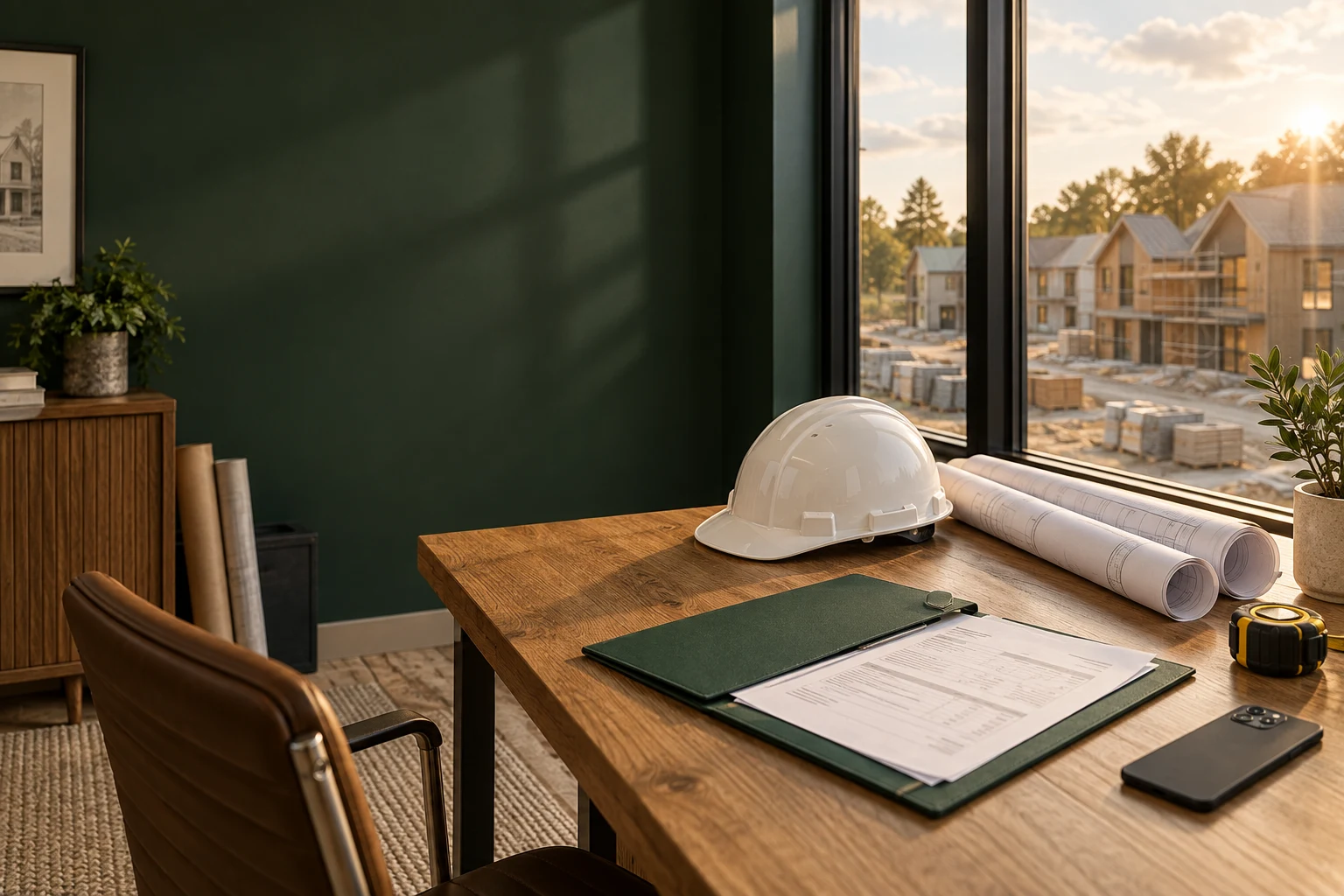 Illustrative construction office with supplier documents, plans and a hard hat; not ACL Consulting LLC’s premises