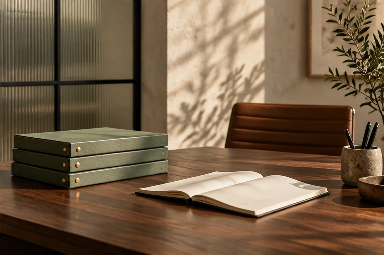 Illustrative advisory workspace with green document folders and an open notebook on a walnut desk