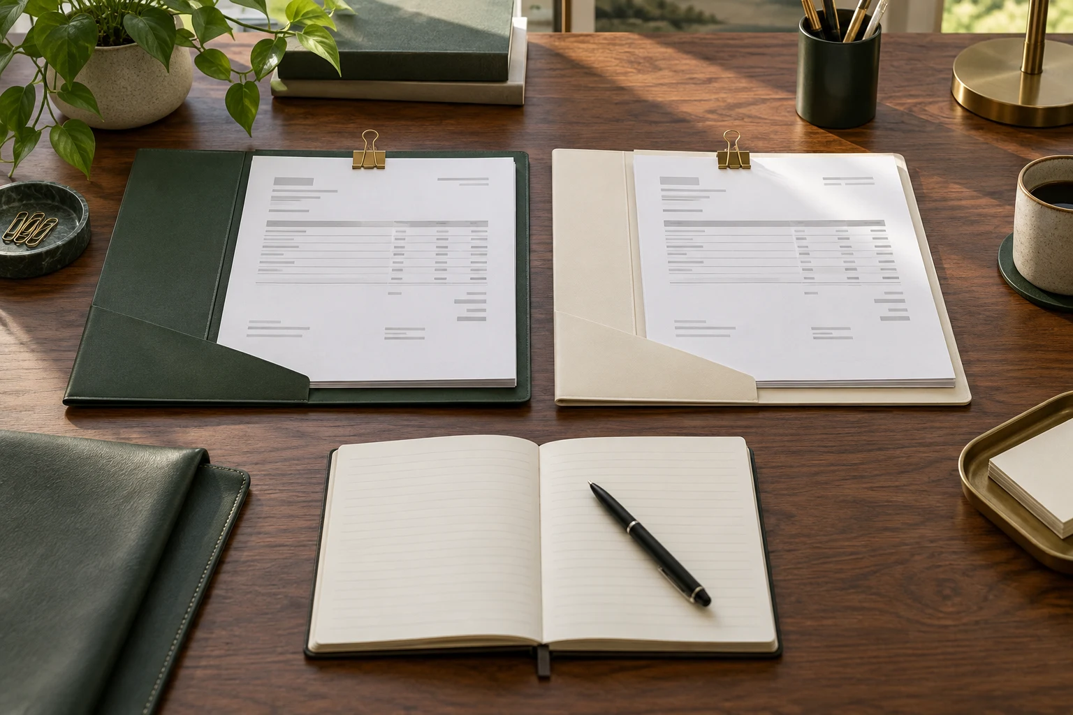 Illustrative green and ivory review folders with equivalent supplier-document samples; not an actual Execs Collect LLC evaluation