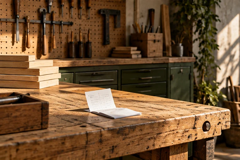 Illustrative trade workshop with a receipt on a wooden workbench and neatly arranged tools