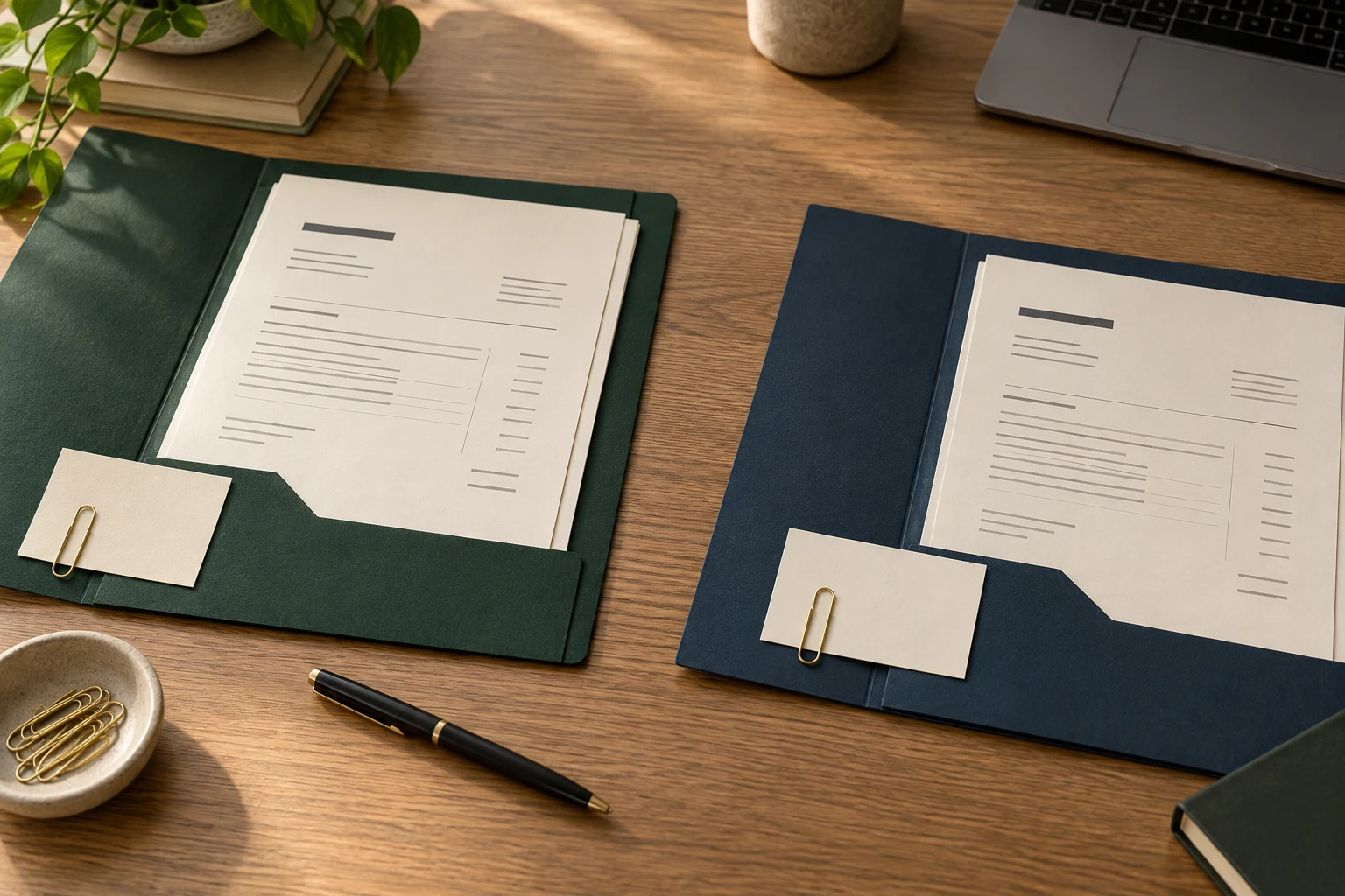 Illustrative green and blue client folders with separate source documents; not Idea Mining LLC’s actual records