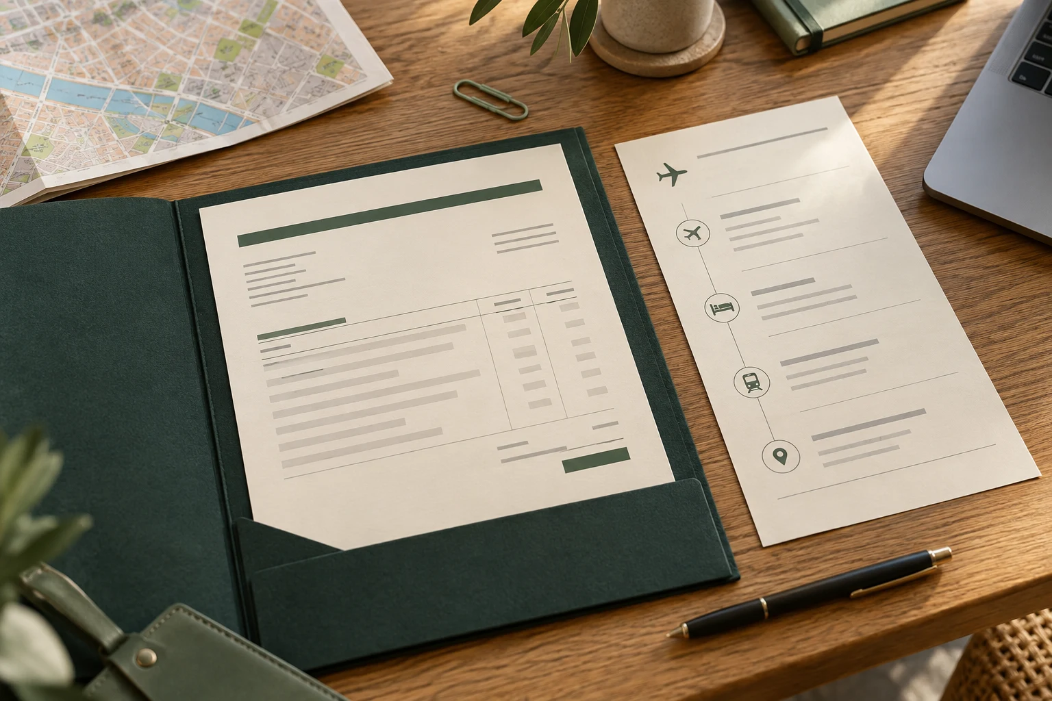 Editorial illustration of separate supplier-invoice and travel-itinerary documents beside a map; not an actual customer record