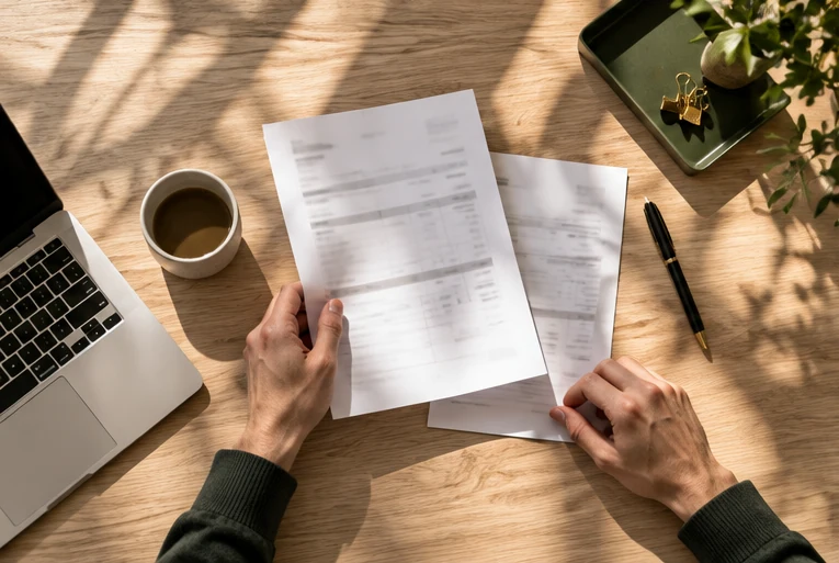 Editorial illustration of hands comparing an invoice and supporting paperwork beside a laptop