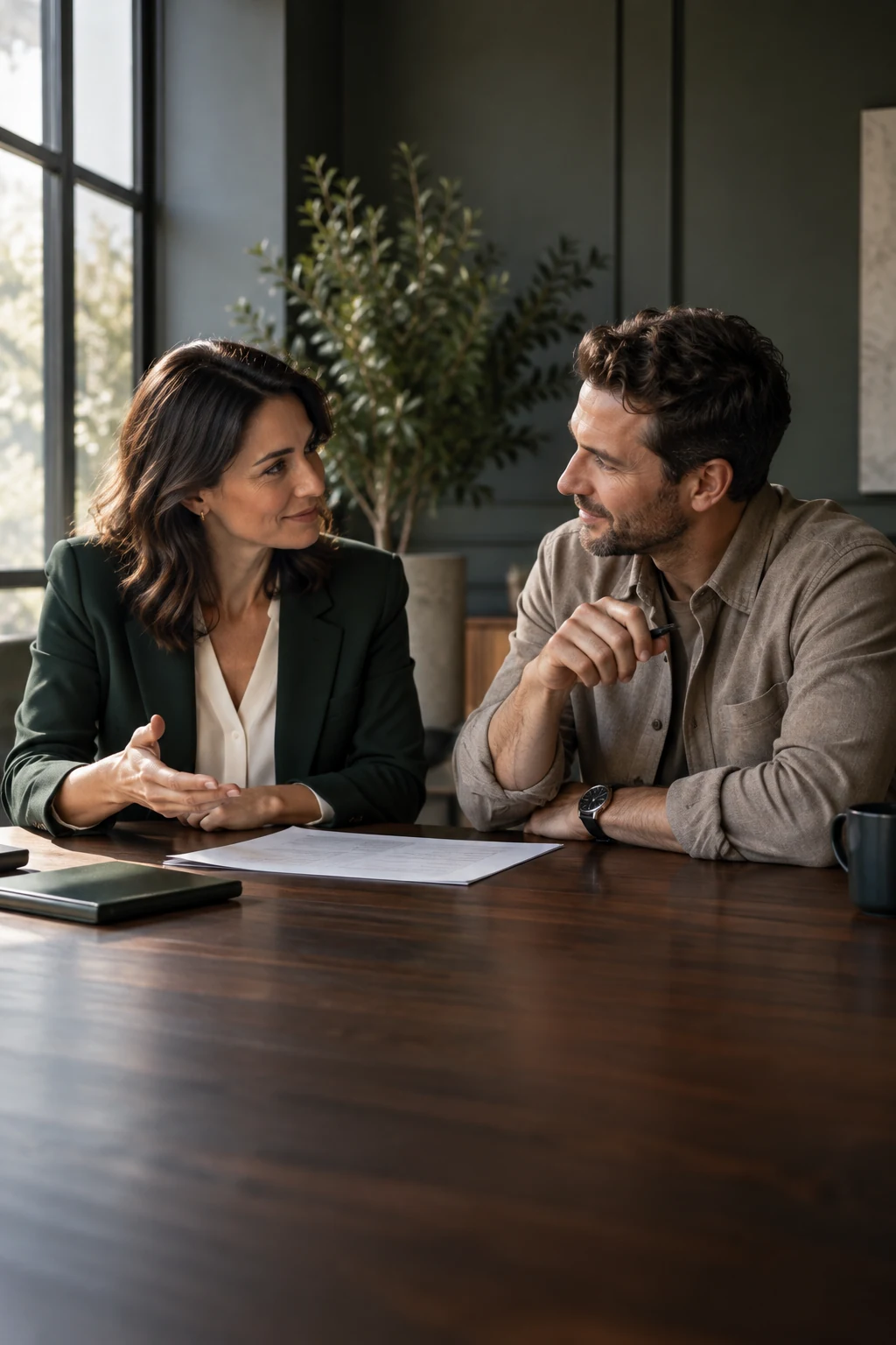 Two professionals in a thoughtful conversation at a walnut table, in an editorial scene created for this design.