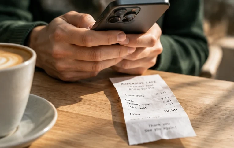 A receipt ready to be captured beside a coffee cup and a smartphone