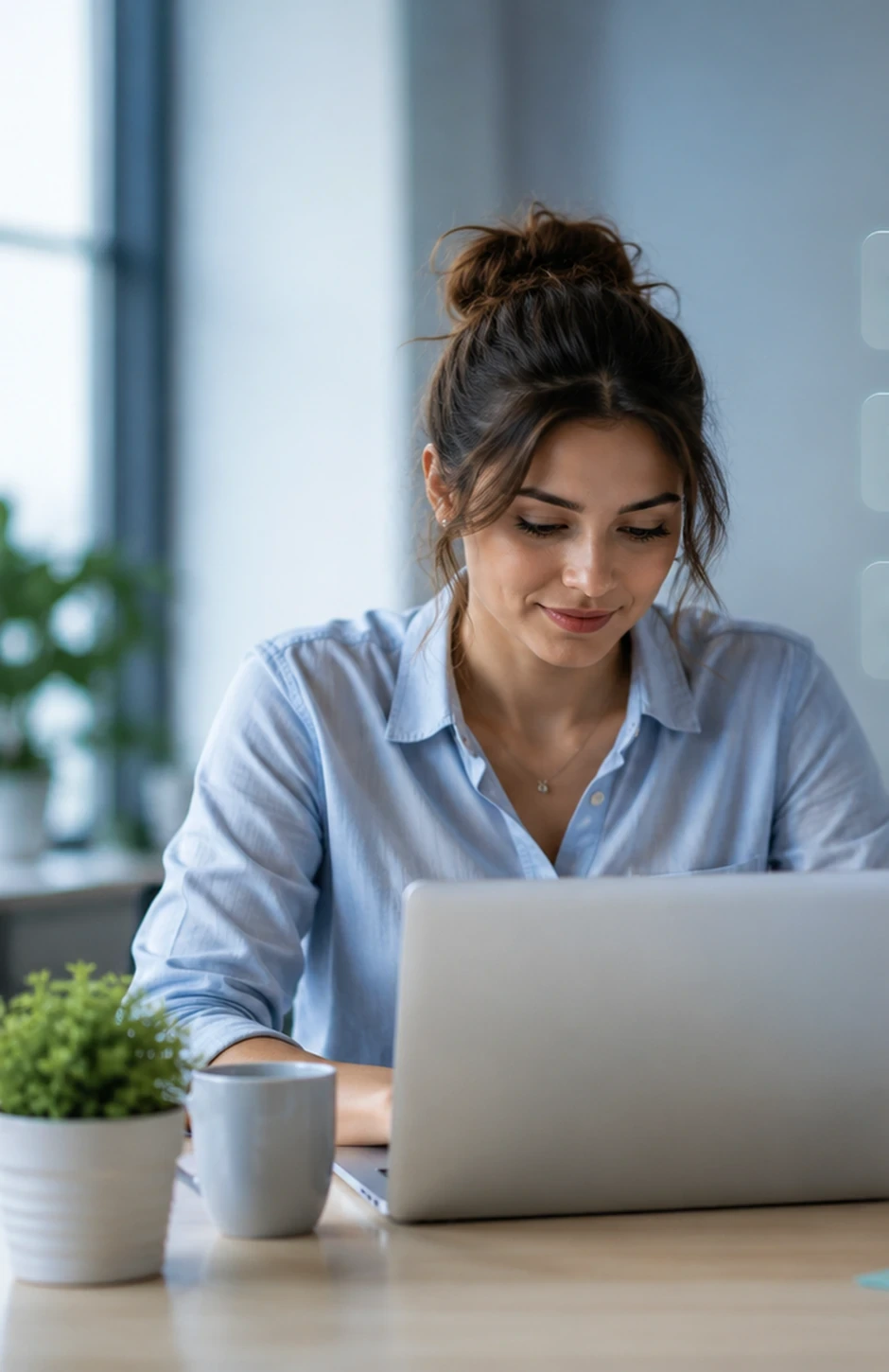 Business owner at her laptop in a softly lit workspace