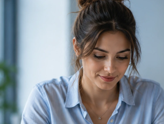 Illustrative close-up of a focused professional in an office.