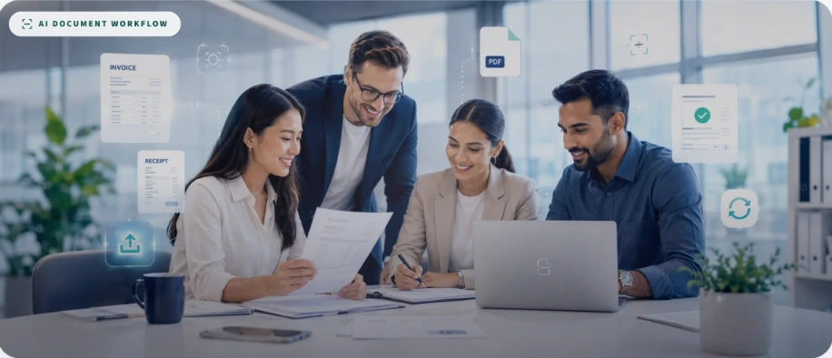 Illustrative accounting team reviewing documents around a laptop, with document-workflow graphics.