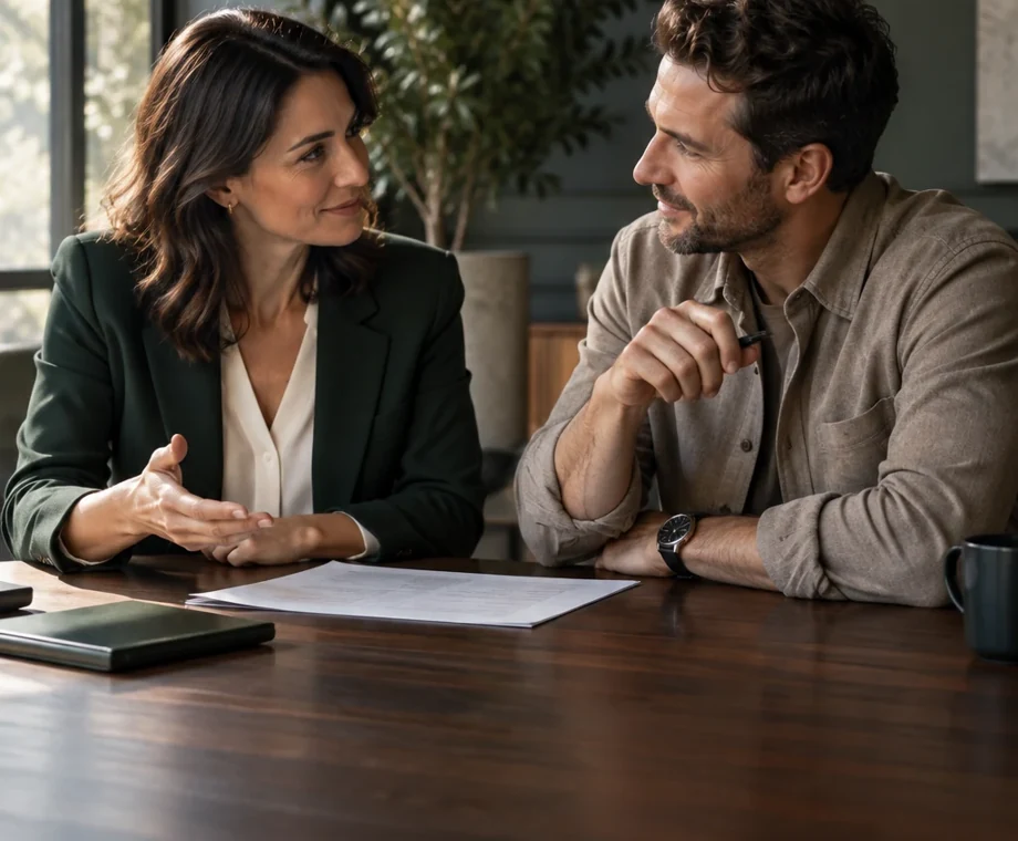 Two professionals discussing a document together in an editorial office scene