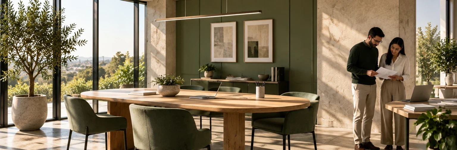 An editorial office scene with a shared table, natural light, and space to focus