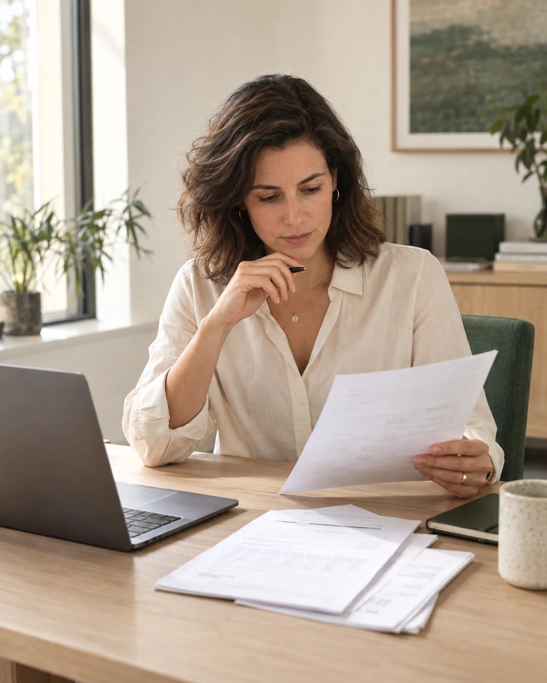 Business owner reviewing an invoice in a naturally lit office
