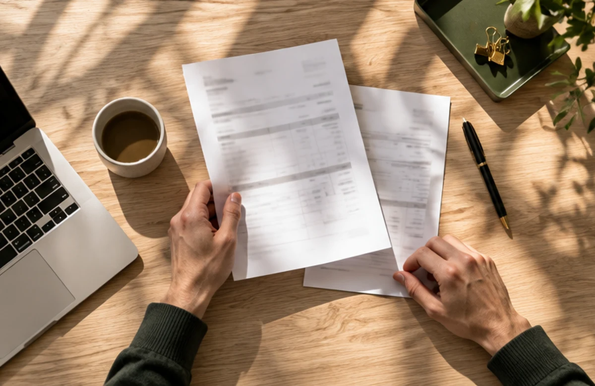 Editorial photograph of hands reviewing a paper invoice at a sunlit desk