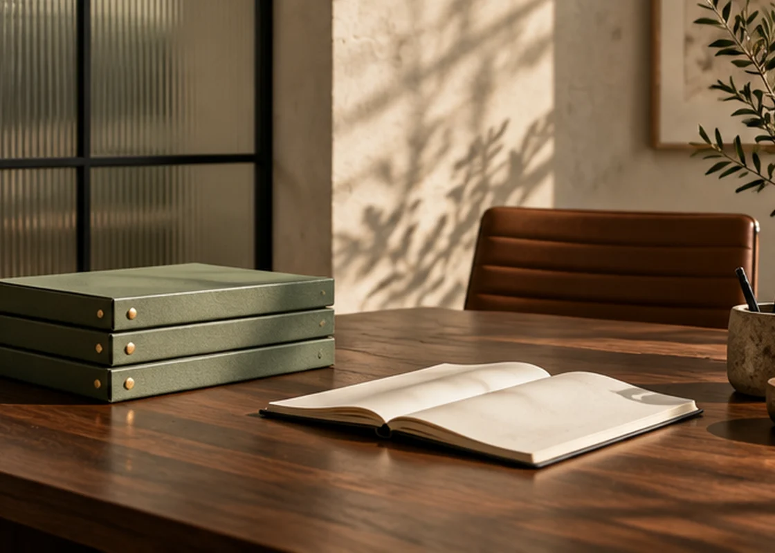 Editorial still life of organized work materials and a notebook on a desk