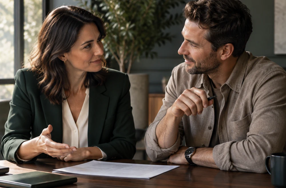 Illustrative consultation about business paperwork at a shared table