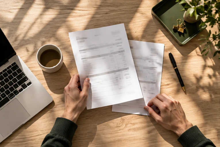 Editorial close-up of source paperwork being reviewed