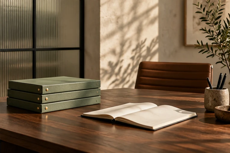 Editorial still life of green document boxes beside a notebook and a frosted-glass partition