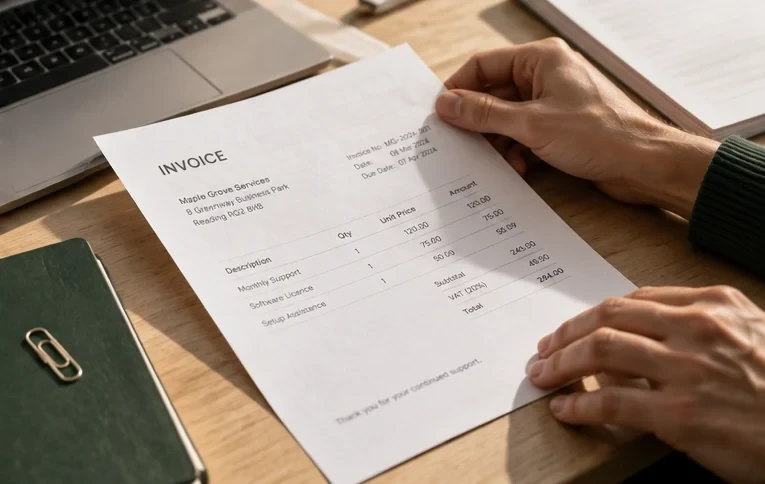 Close-up of someone reviewing an invoice beside a notebook and laptop